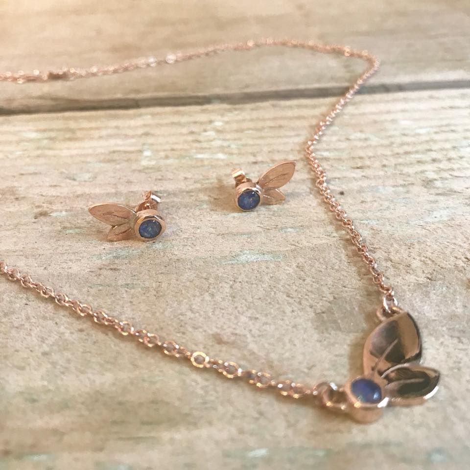 9ct Rose Gold and Opal Leaf Design Necklace and Earring Set