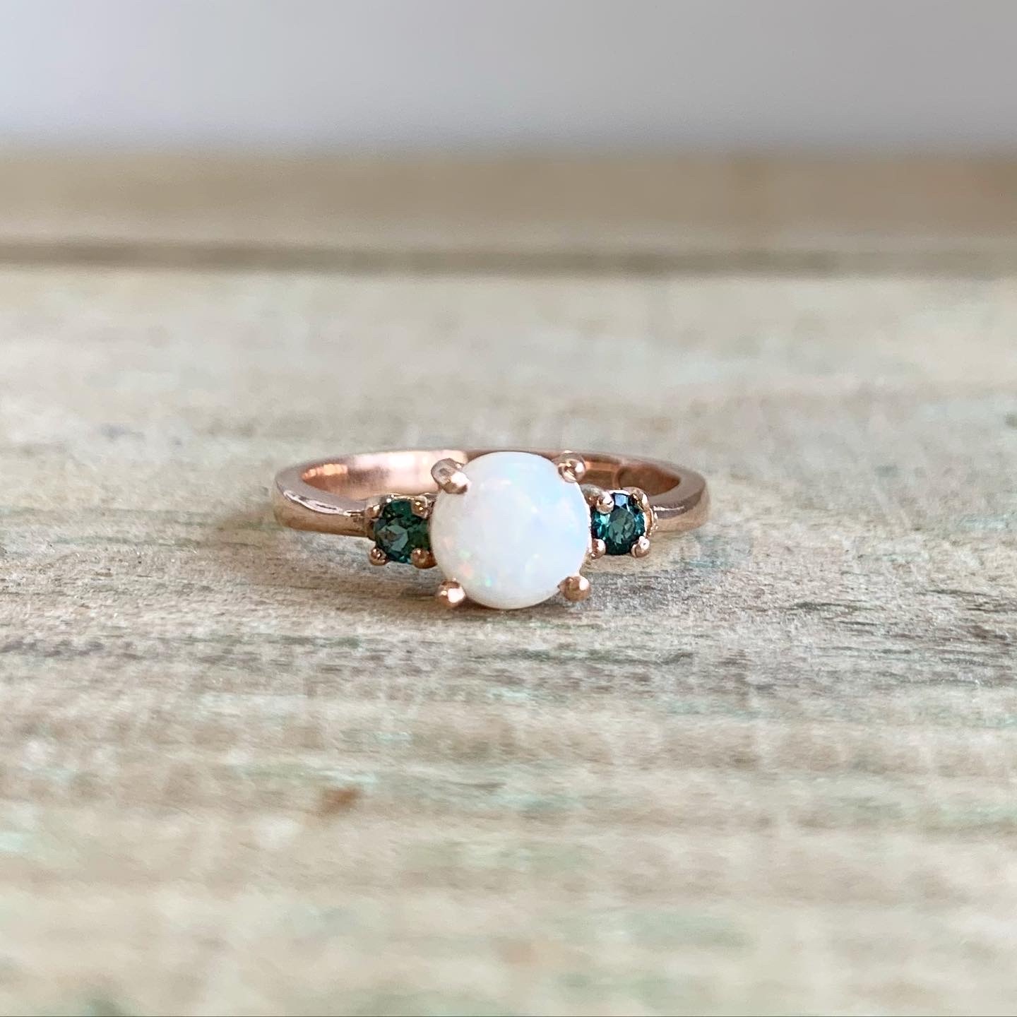 Rose Gold Opal and Green Tourmaline Three Stone Ring