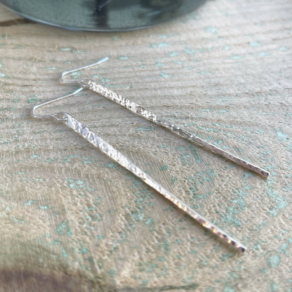 Long drop hammered sterling silver earrings