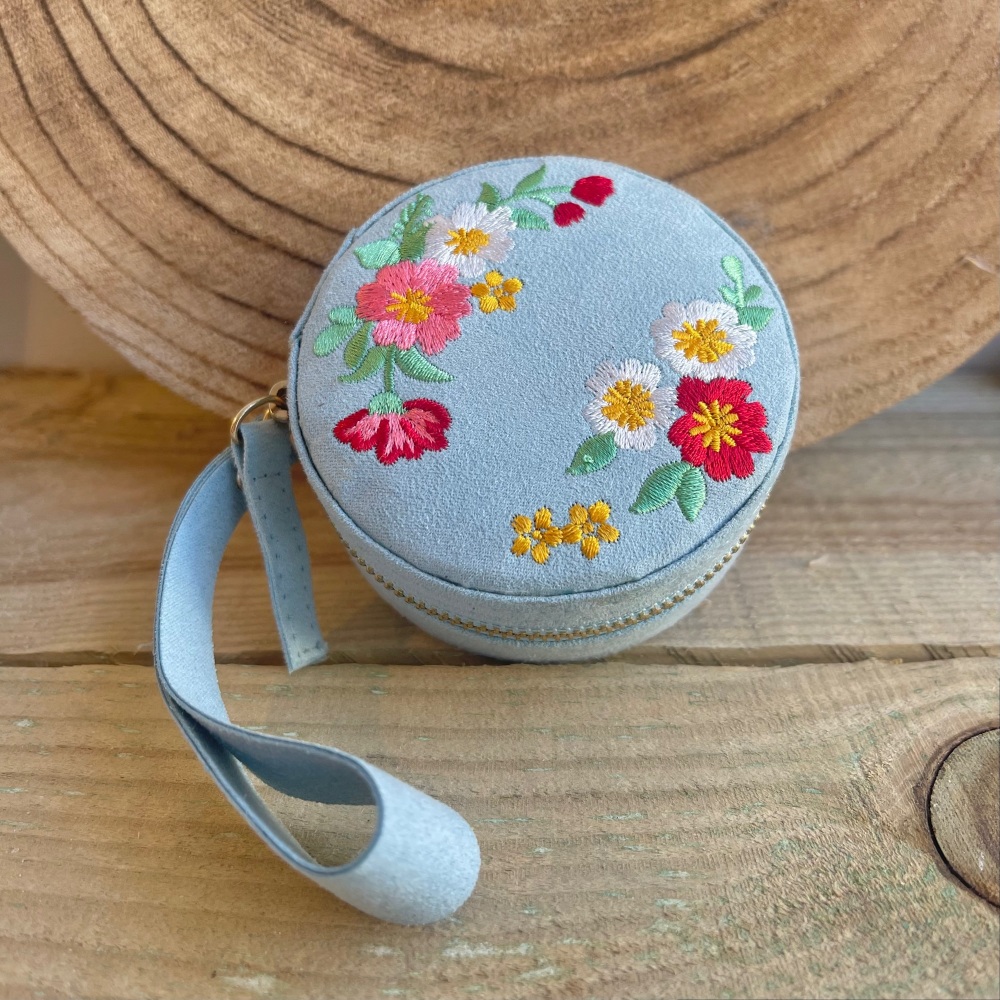 Embroidered circle jewellery box in pale blue