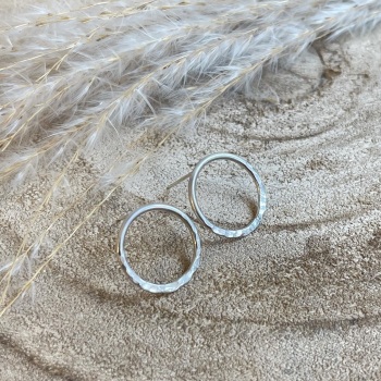Large half hammered circle stud earrings in sterling silver