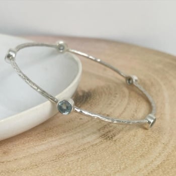 Blue Topaz Hammered Texture Sterling Silver Bangle