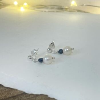 Pearl drop earrings with faceted Sapphire bead