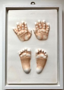 Hand and foot impression in open box frame 
