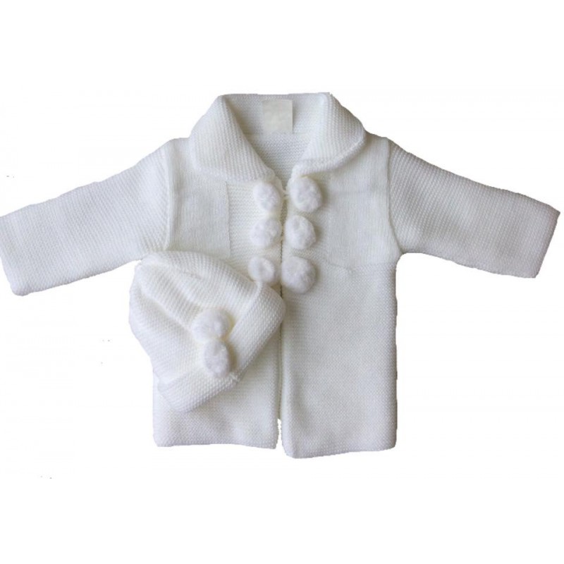 Knitted Pom Pom Jacket and Hat - White