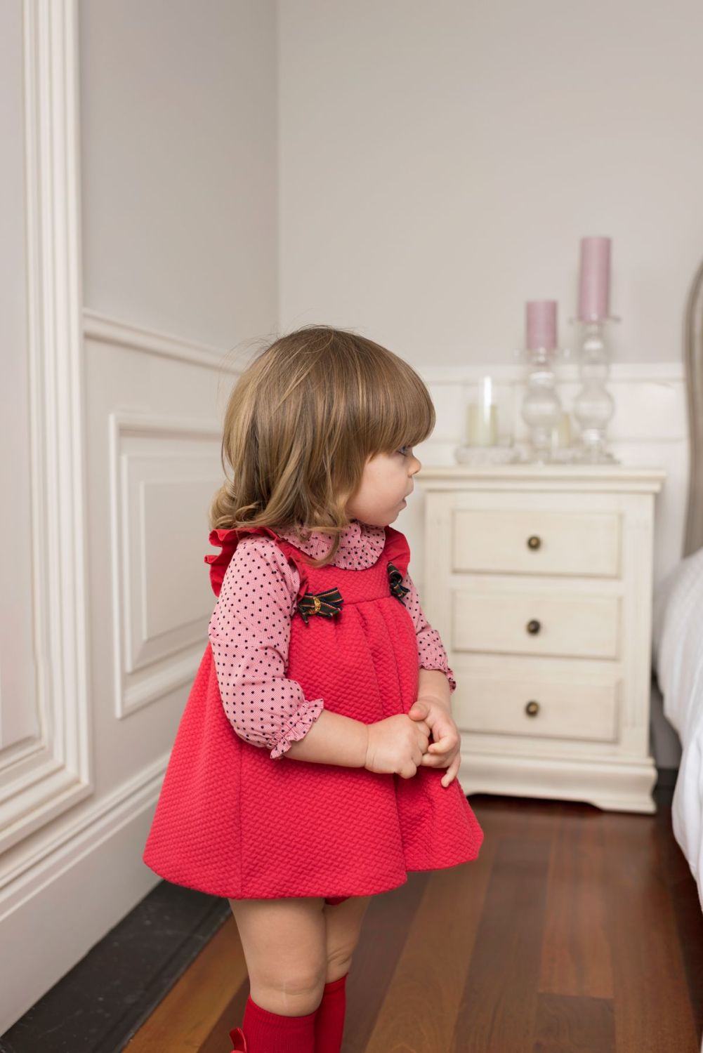 girls red pinafore dress