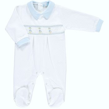      Peter Rabbit Collection Mini la Mode Jemima Puddle Duck Smocked Footsie - White and Blue