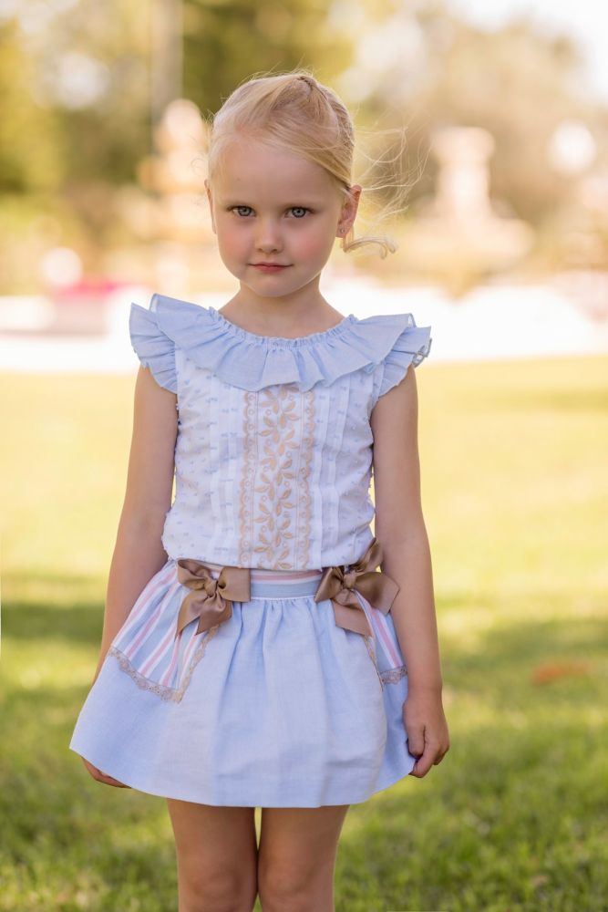 PRE ORDER SS20 Girls Dolce Petit Blue, White and Camel Skirt Set 2249
