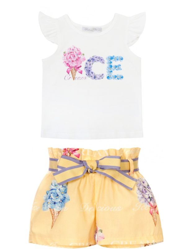 PRE ORDER SS21 Girls Balloon Chic Yellow and White Top and Shorts Set