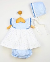           Girls Popys Blue and Cream Dress, Pants and Bonnet 24252