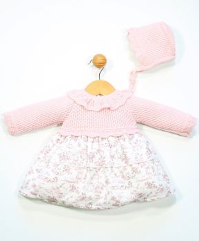            Girls Popys Pink and White Dress and Bonnet 25033