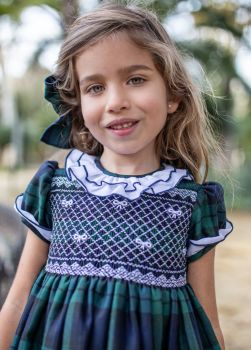 Girls Naxos Smocked Dress - Navy and Green Tartan