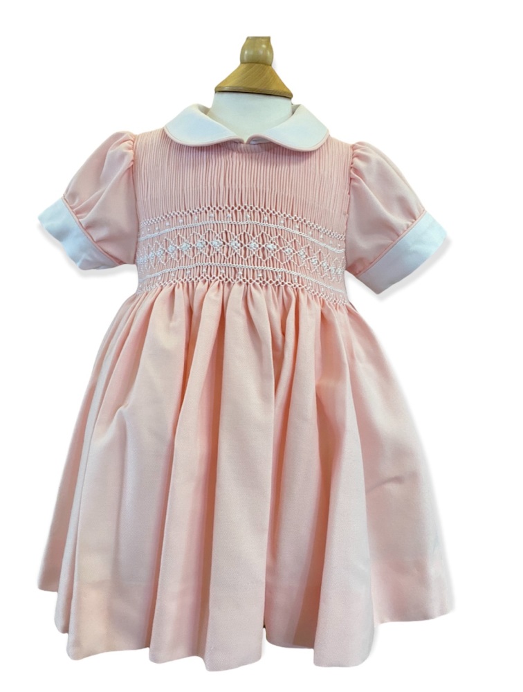             Girls Naxos Smocked Dress - Pink and White