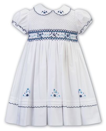              Girls Sarah Louise Dress 012722 White and Navy - PRE ORDER