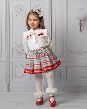  Girls Caramelo Check Blouse and Skirt Set with Matching Headband 032294 Red