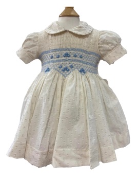 Girls Naxos Cream and Blue Hand Smocked Dress with Silver Fleck