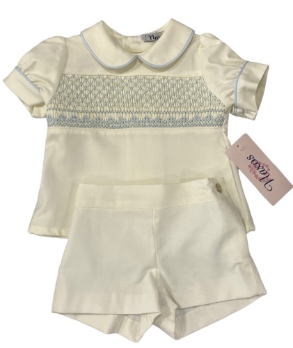 Boys Naxos Cream and Blue Hand Smocked Suit