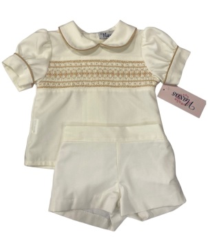 Boys Naxos Cream and Camel Hand Smocked Suit