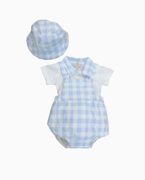 Boys Caramelo Checked Dungaree Romper with Hat 0331146 Sky