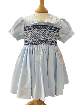 AW23/24 Girls Naxos Hand Smocked Dress 7226 - Blue with Navy and White