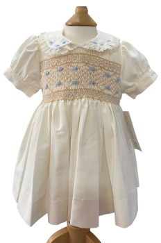 AW23/24 Girls Naxos Hand Smocked Dress 7226 - Cream with Camel and Blue