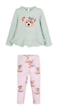 PRE ORDER AW24/25 Girls Balloon Chic Mint and Pink Teddy Bear Top and Leggings Set 540 367