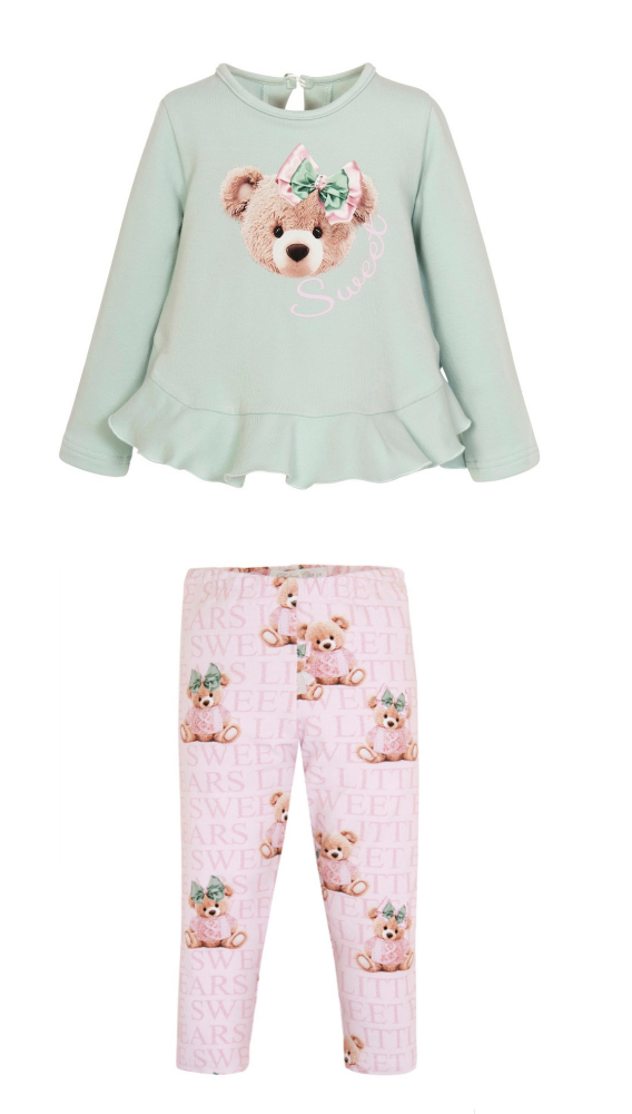 PRE ORDER AW24/25 Girls Balloon Chic Mint and Pink Teddy Bear Top and Leggi