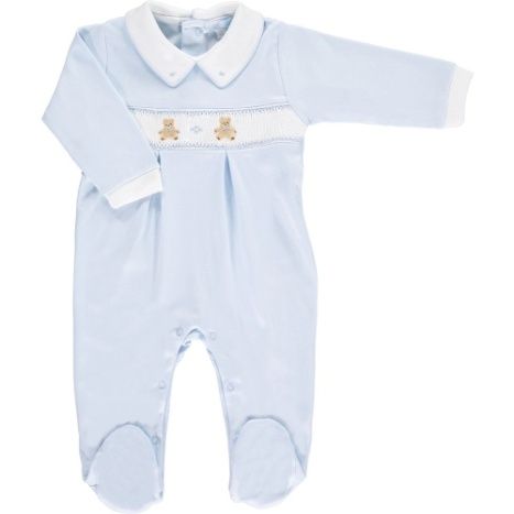 Mini la Mode Teddy Bear Smocked Footsie SLBC08A - Blue and White