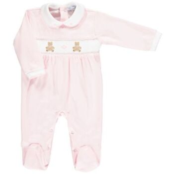 Mini la Mode Nursery Bear Smocked Footsie SLBC08A - Pink and White