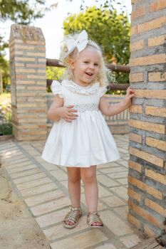 Girls Naxos Hand Smocked Dress 7528 Cream with Camel Smocking