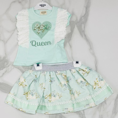 Girls Neon Queen Skirt Set - Mint