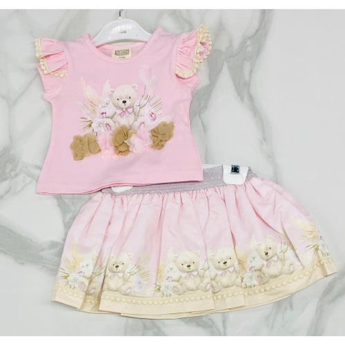 Girls Neon Teddy Bear Skirt Set - Pink