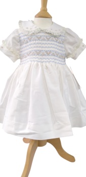 Girls Naxos Hand Smocked Dress 7530 Cream with Blue and Camel