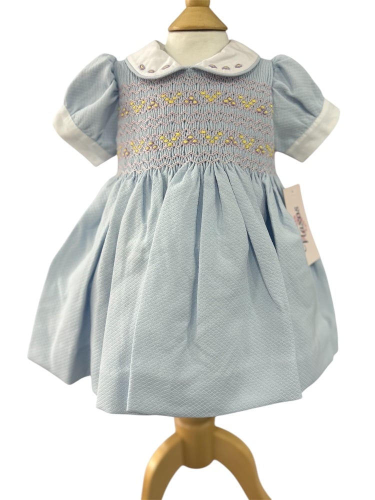 Girls Naxos Hand Smocked Dress 7530 Blue with Lilac and Lemon
