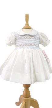 Girls Naxos Hand Smocked Dress 7530 Cream with Blue and Camel - Piped Collar