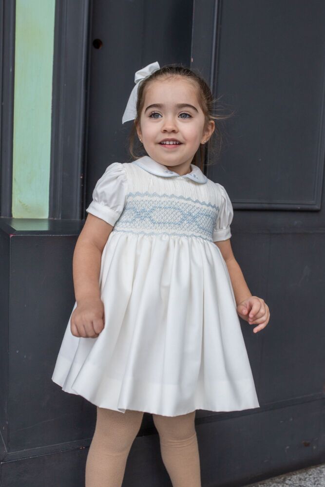 PRE ORDER Girls Naxos Hand Smocked Dress 7622 - Cream and Blue