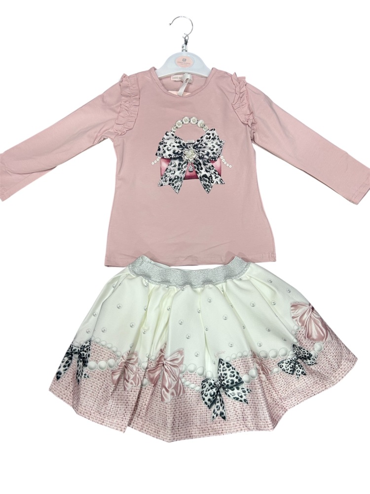 Girls Giorgio Bambini Handbag and Bows Top and Skirt Set YG13 - Pink