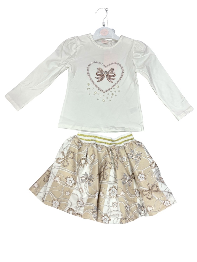 Girls Giorgio Bambini Hearts and Bows Top and Skirt Set YG15 - Beige