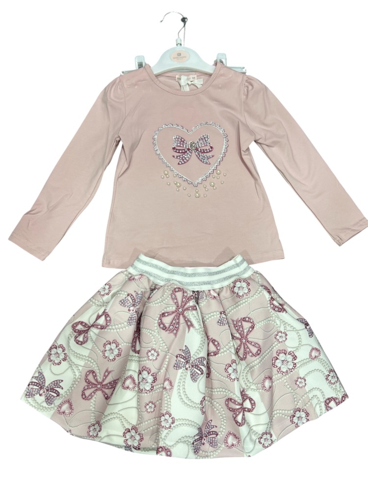 Girls Giorgio Bambini Hearts and Bows Top and Skirt Set YG15 - Pink