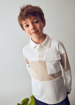 AW25 Boys Mayoral Long Sleeve Polo Top 4121 Cream 20