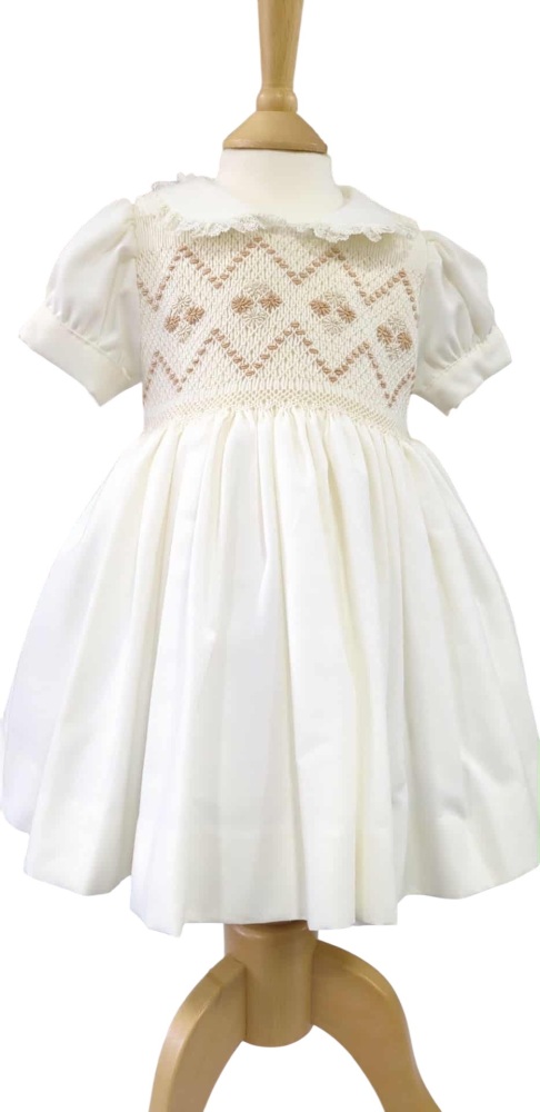 Girls Naxos Hand Smocked Dress 7623 - Cream and Camel