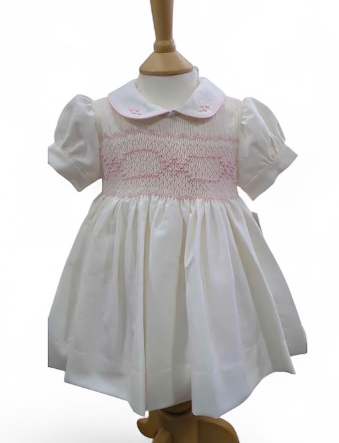 PRE ORDER Girls Naxos Hand Smocked Dress 7622 - Cream and Pink