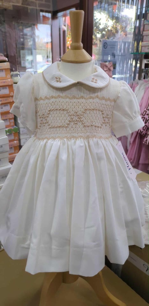 PRE ORDER Girls Naxos Hand Smocked Dress 7622 - Cream and Camel