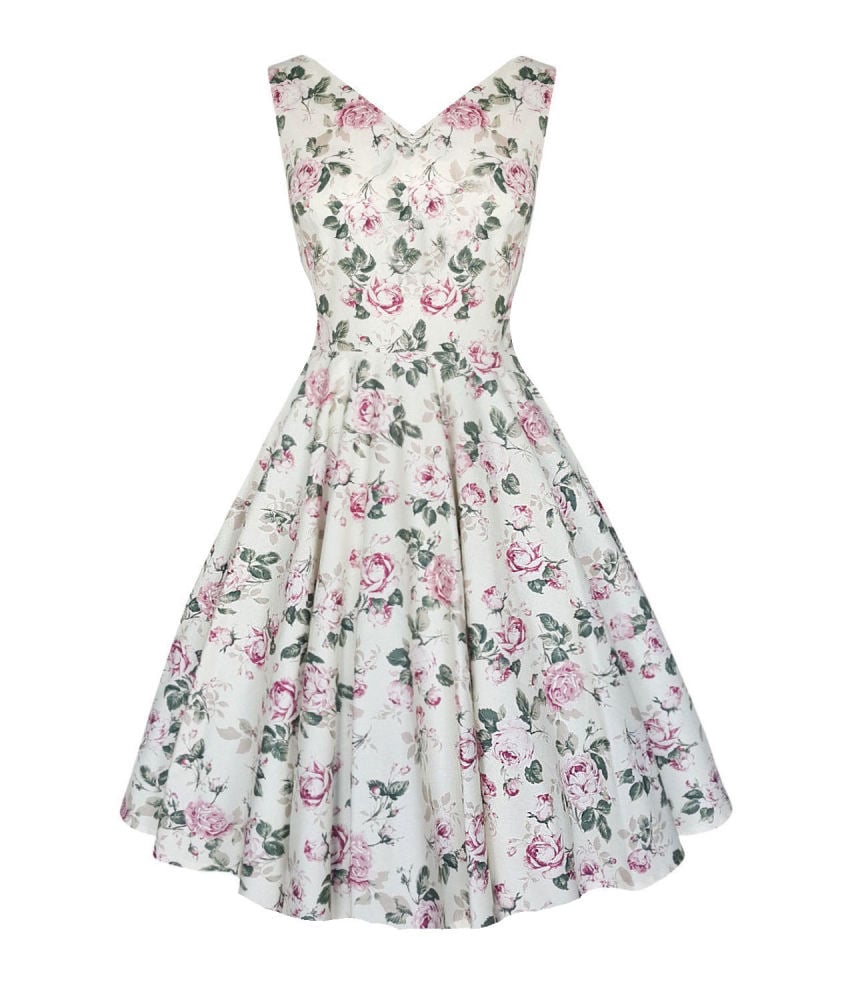 English rose floral vintage style v neck full skirt dress
