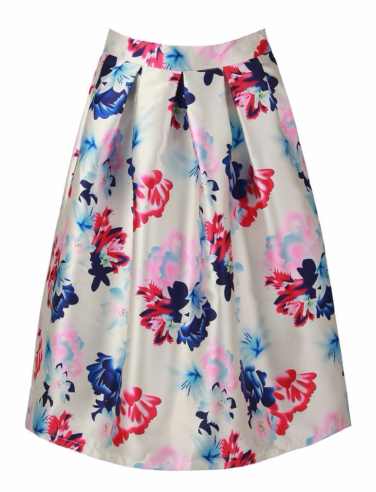 Floral structured box pleat midi skirt