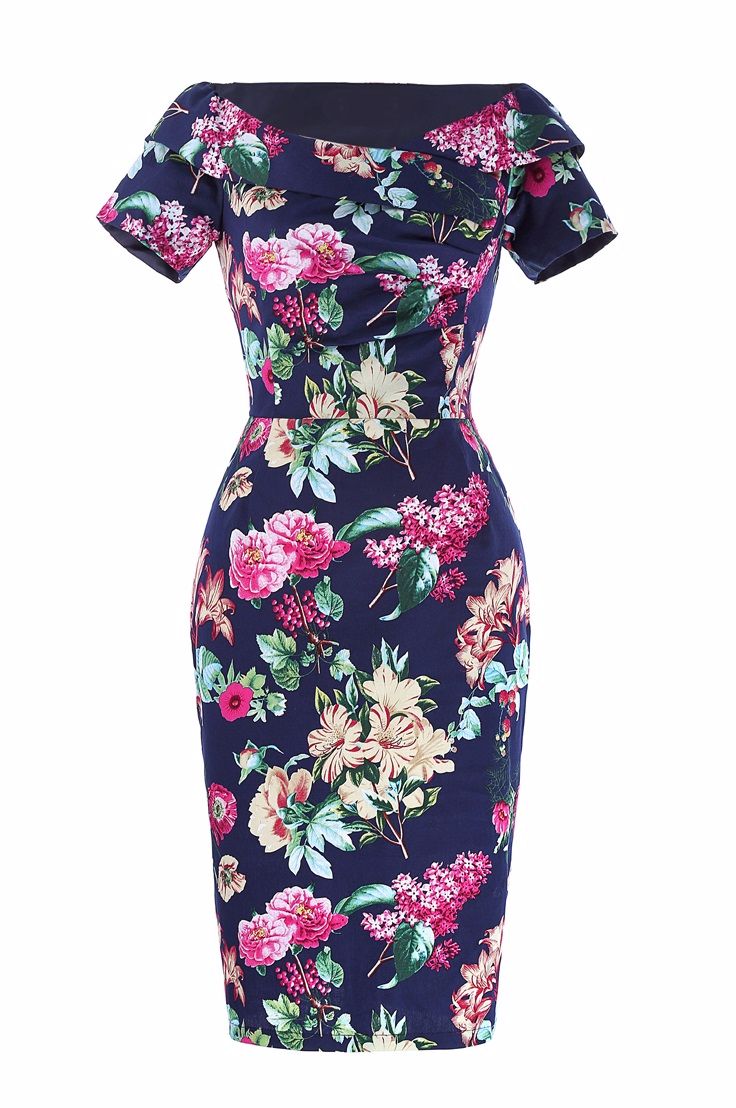 Blue floral pencil dress with sleeves