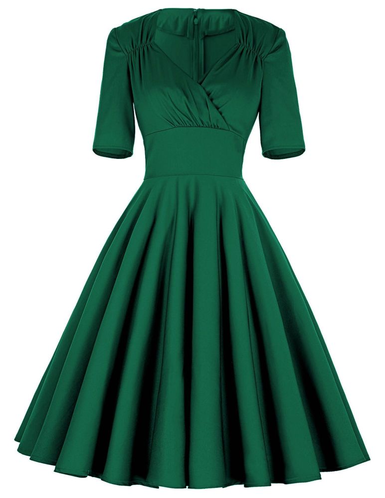  Green  3 4 sleeve full swing skirt 50 s dress 