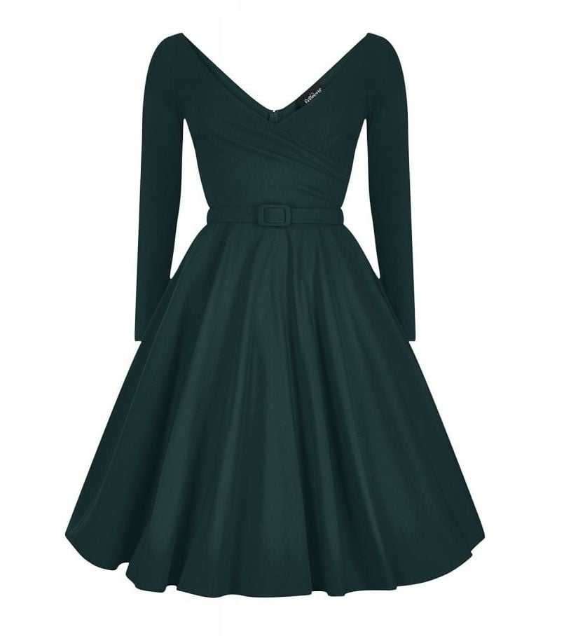Collectif green Nicky Doll vintage style party dress with sleeves