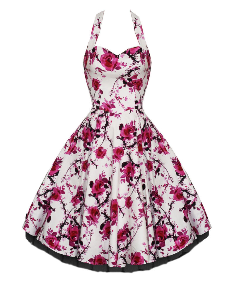 White and pink floral halterneck 50's dress. Available up to size 26