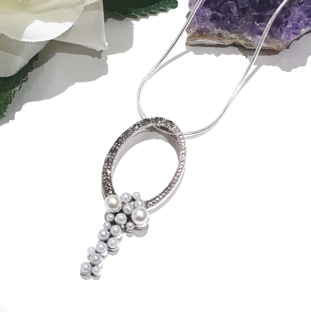 Silver & Marcasite Oval Pendant With Pearl Clusters